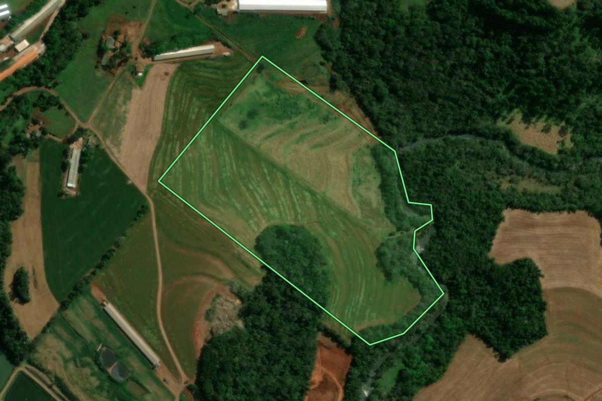Imagem de satélite do imóvel rural em Cafelândia (PR), com o contorno declarado no CAR desenhado por cima.
