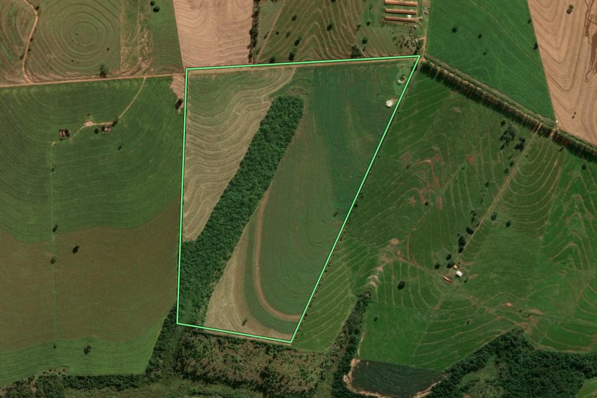 Imagem de satélite do imóvel rural em Cafezal do Sul (PR), com o contorno declarado no CAR desenhado por cima.