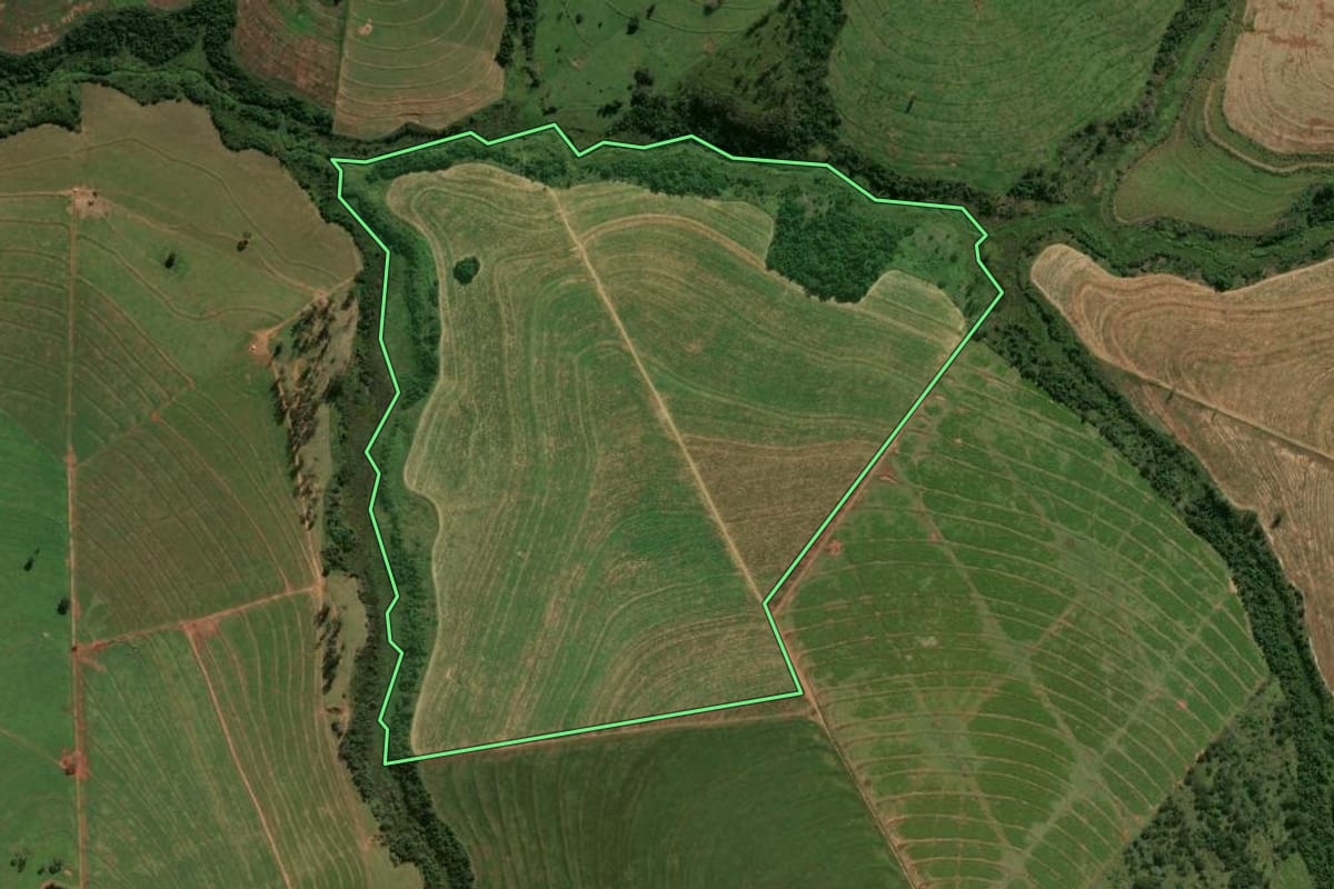 Imagem de satélite do imóvel rural em Cafezal do Sul (PR), com o contorno declarado no CAR desenhado por cima.