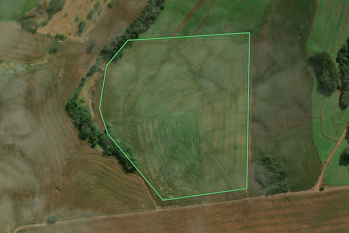 Imagem de satélite do imóvel rural em Califórnia (PR), com o contorno declarado no CAR desenhado por cima.