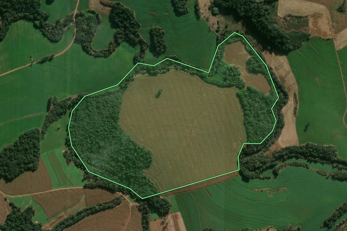 Imagem de satélite do imóvel rural em Califórnia (PR), com o contorno declarado no CAR desenhado por cima.