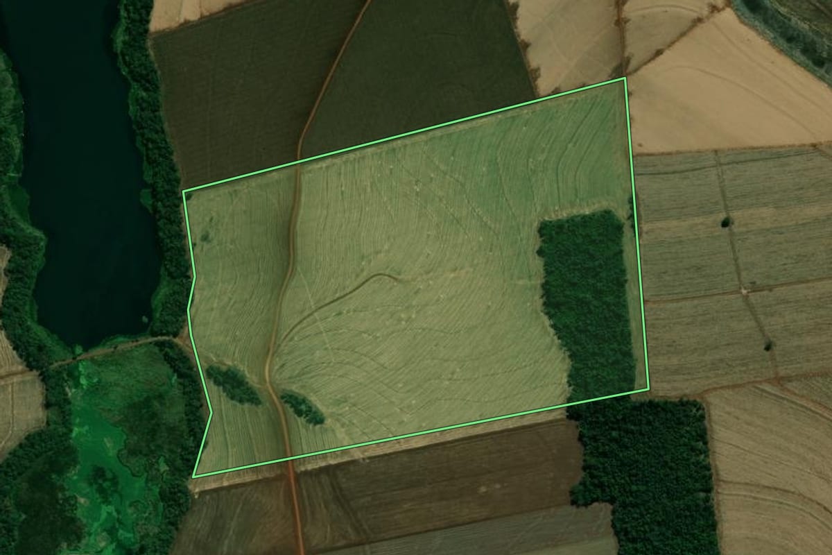 Imagem de satélite do imóvel rural em Cambará (PR), com o contorno declarado no CAR desenhado por cima.