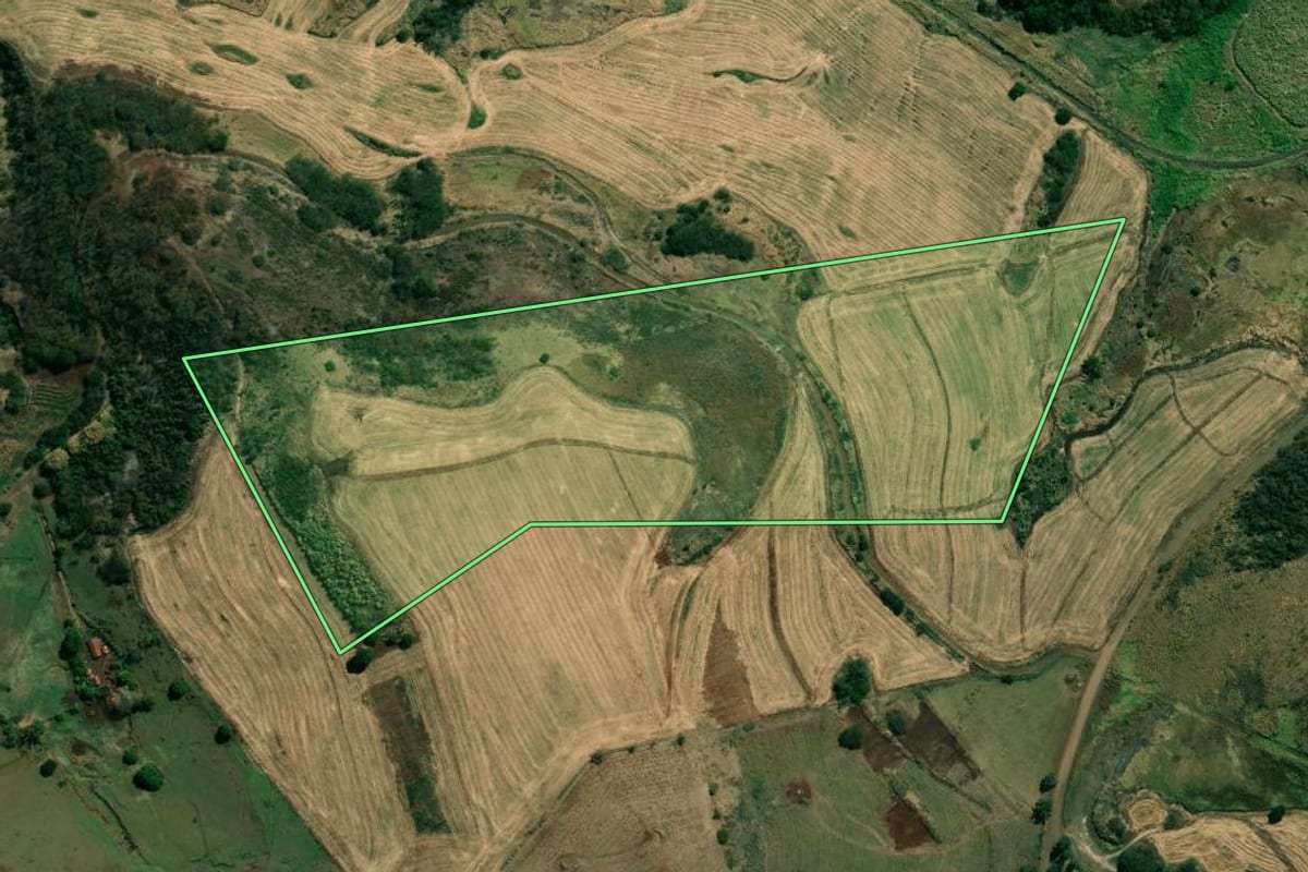 Imagem de satélite do imóvel rural em Cambará (PR), com o contorno declarado no CAR desenhado por cima.