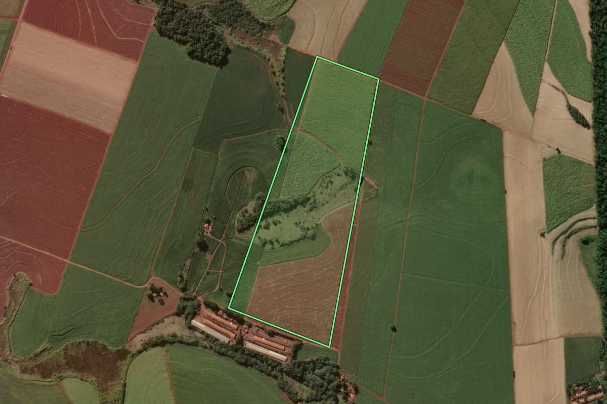 Imagem de satélite do imóvel rural em Cambará (PR), com o contorno declarado no CAR desenhado por cima.