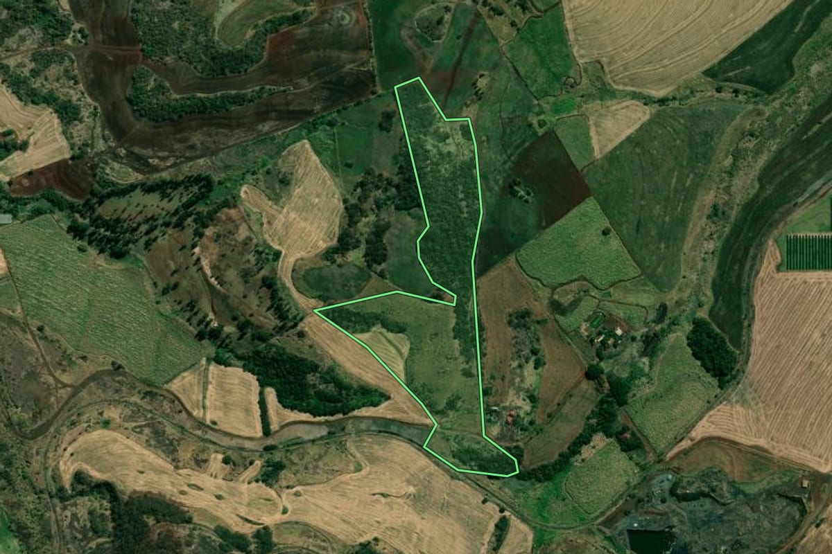 Imagem de satélite do imóvel rural em Cambará (PR), com o contorno declarado no CAR desenhado por cima.