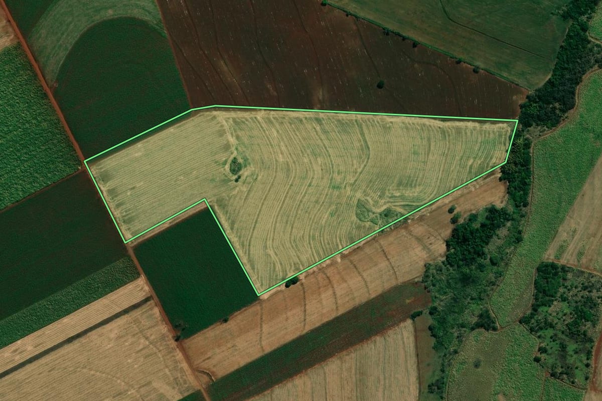 Imagem de satélite do imóvel rural em Cambará (PR), com o contorno declarado no CAR desenhado por cima.