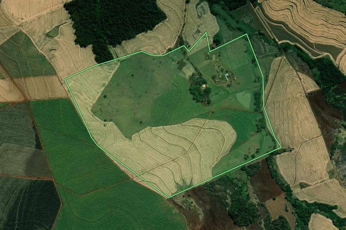 Imagem de satélite do imóvel rural em Cambará (PR), com o contorno declarado no CAR desenhado por cima.