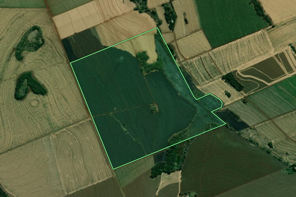 Imagem de satélite do imóvel rural em Cambará (PR), com o contorno declarado no CAR desenhado por cima.