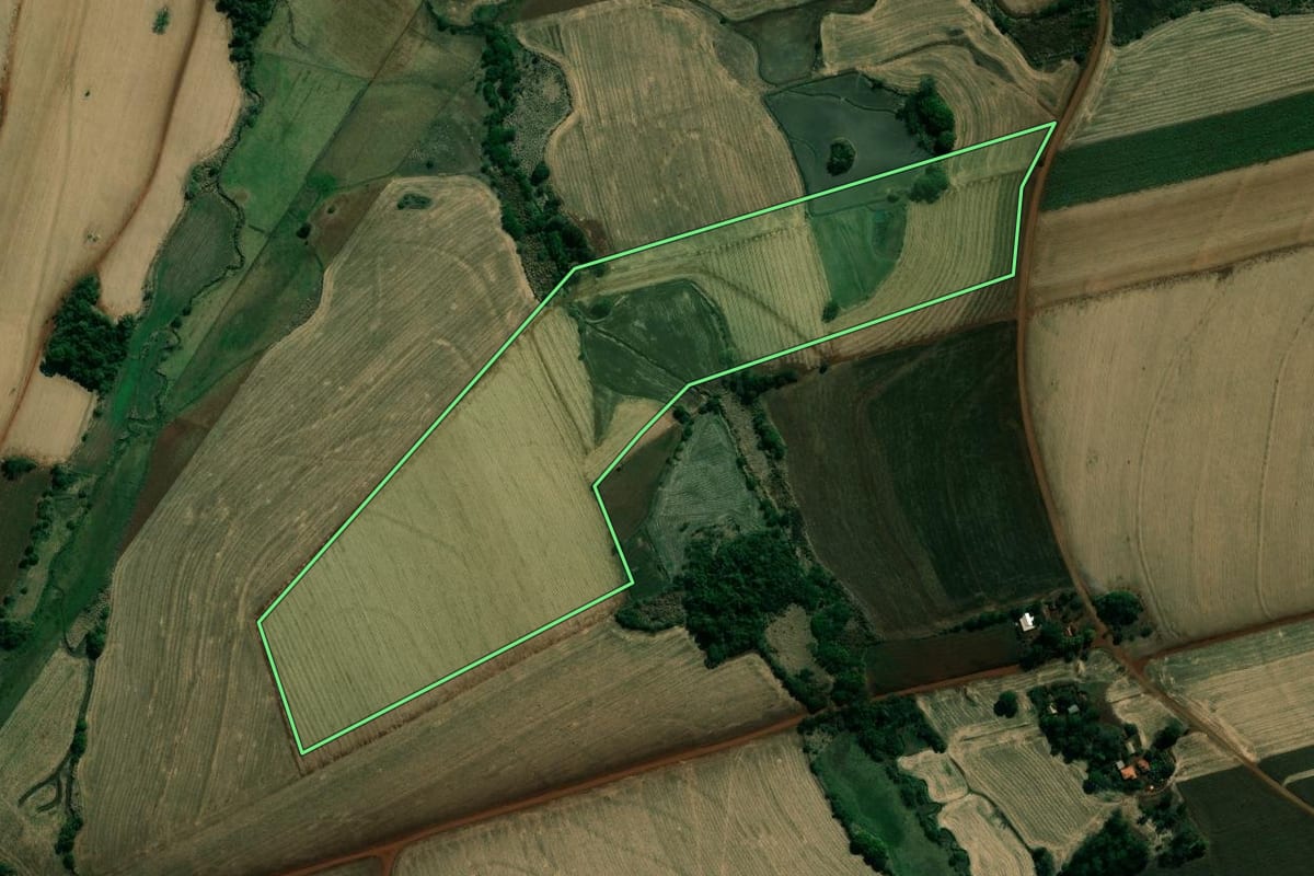 Imagem de satélite do imóvel rural em Cambará (PR), com o contorno declarado no CAR desenhado por cima.