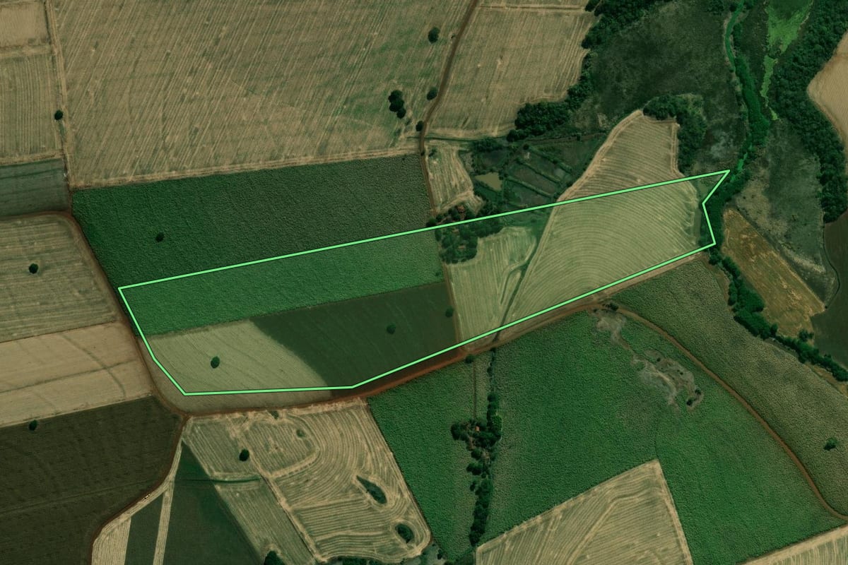 Imagem de satélite do imóvel rural em Cambará (PR), com o contorno declarado no CAR desenhado por cima.