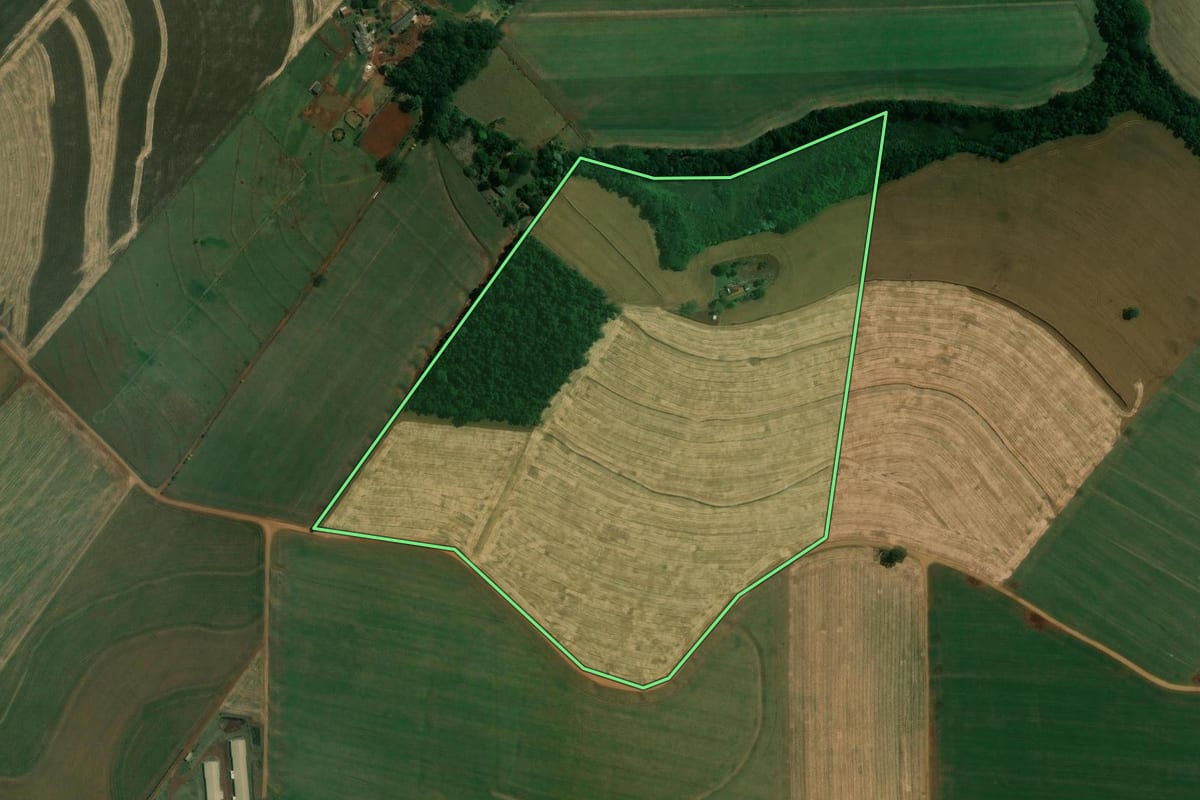 Imagem de satélite do imóvel rural em Cambé (PR), com o contorno declarado no CAR desenhado por cima.