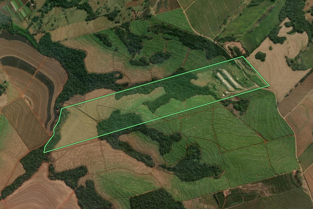 Imagem de satélite do imóvel rural em Cambira (PR), com o contorno declarado no CAR desenhado por cima.