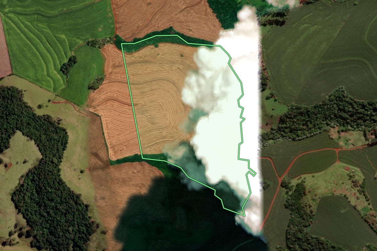 Imagem de satélite do imóvel rural em Campina da Lagoa (PR), com o contorno declarado no CAR desenhado por cima.