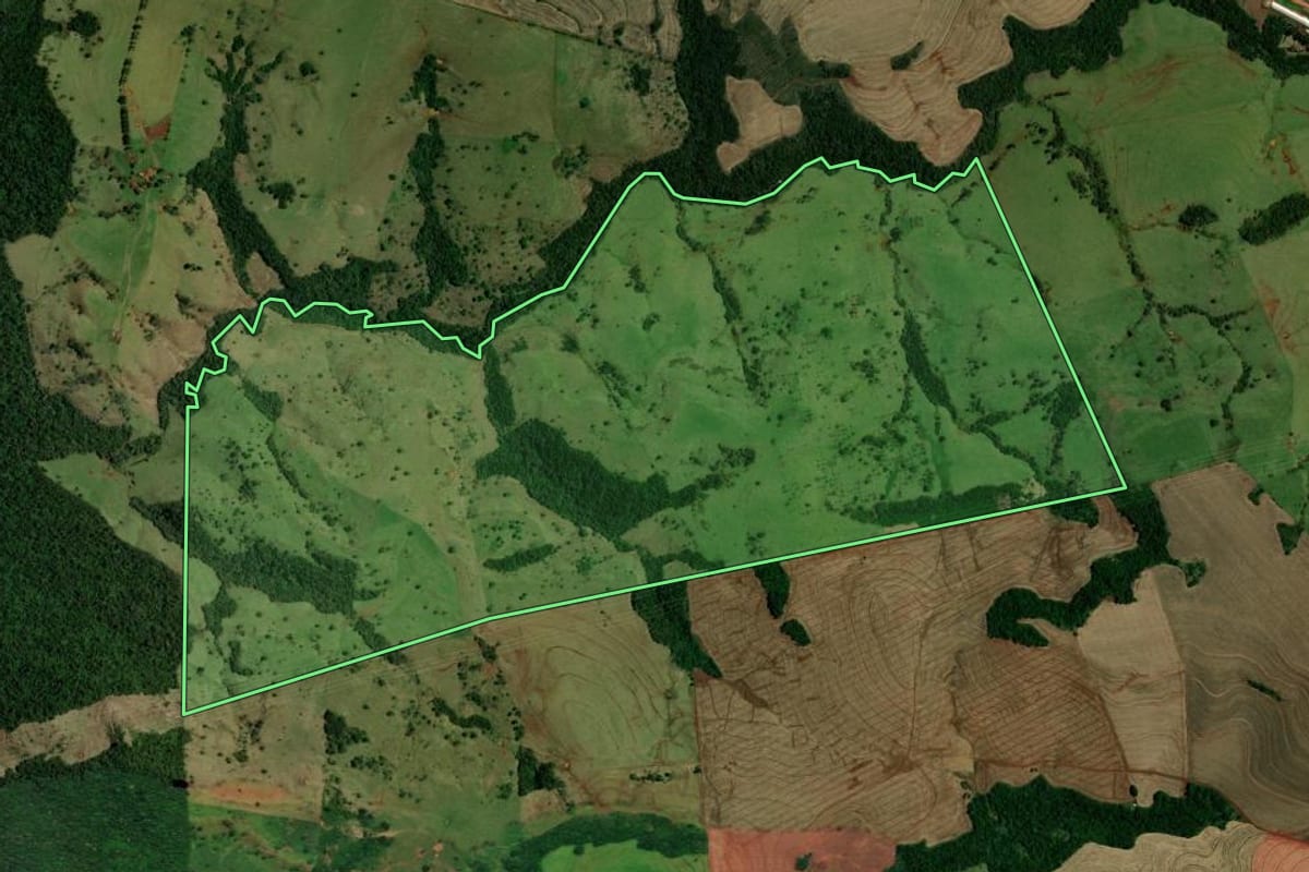 Imagem de satélite do imóvel rural em Campina da Lagoa (PR), com o contorno declarado no CAR desenhado por cima.
