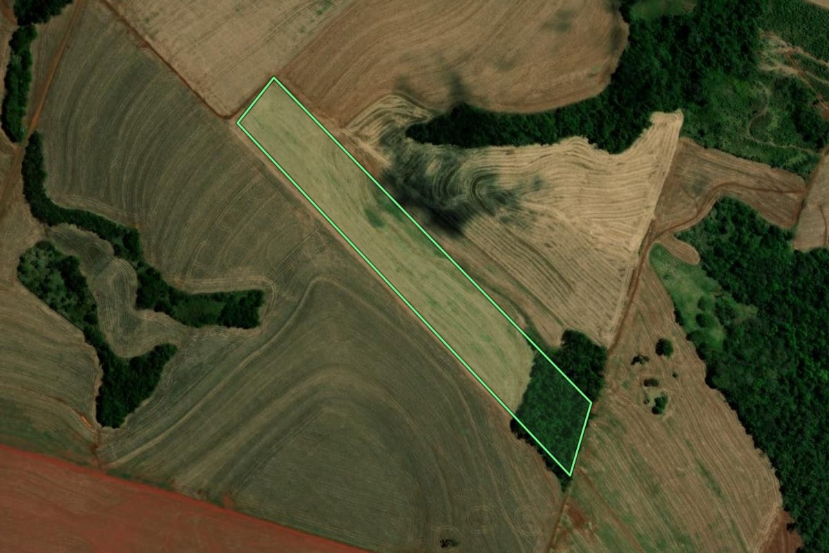 Imagem de satélite do imóvel rural em Campina da Lagoa (PR), com o contorno declarado no CAR desenhado por cima.