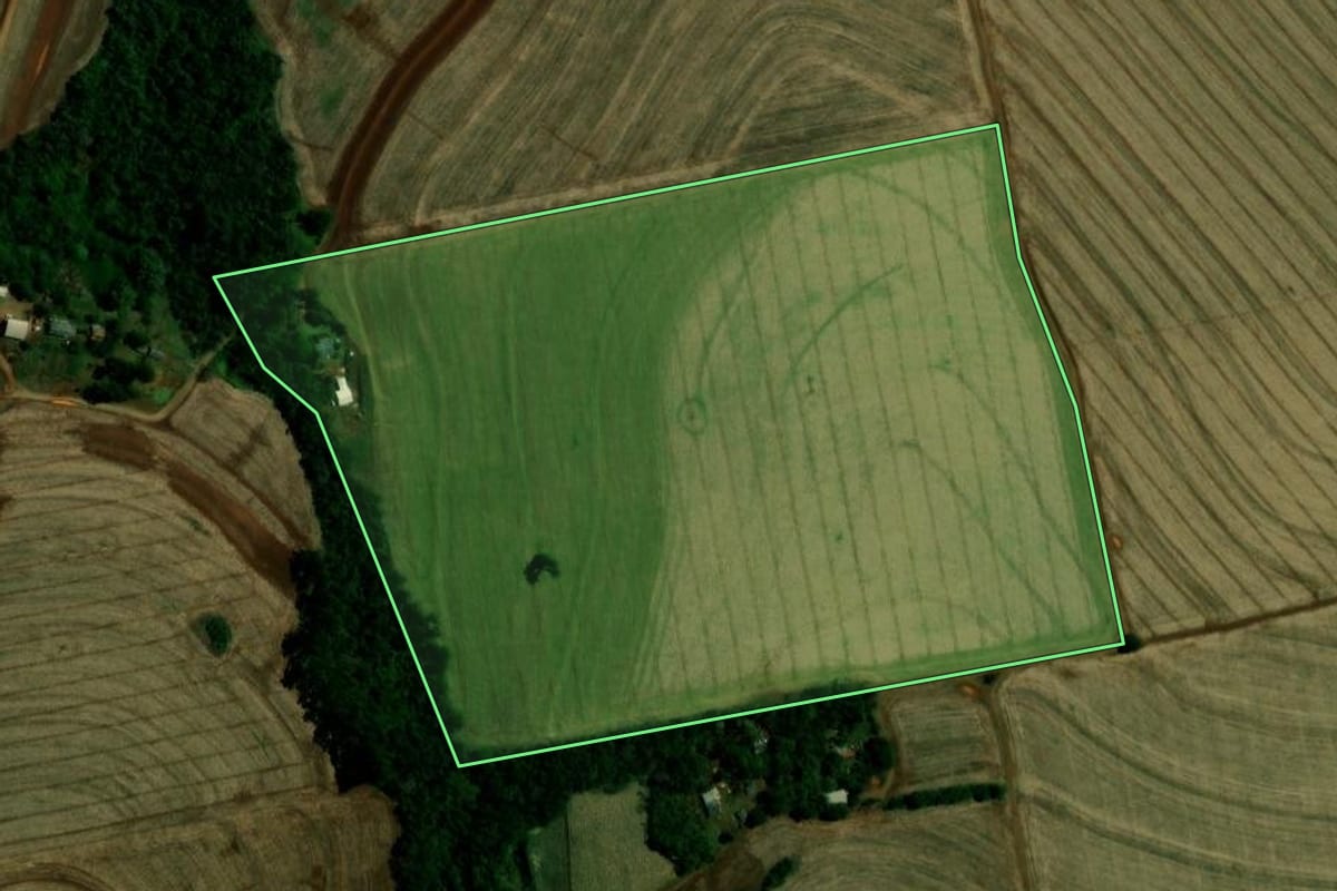 Imagem de satélite do imóvel rural em Campina da Lagoa (PR), com o contorno declarado no CAR desenhado por cima.