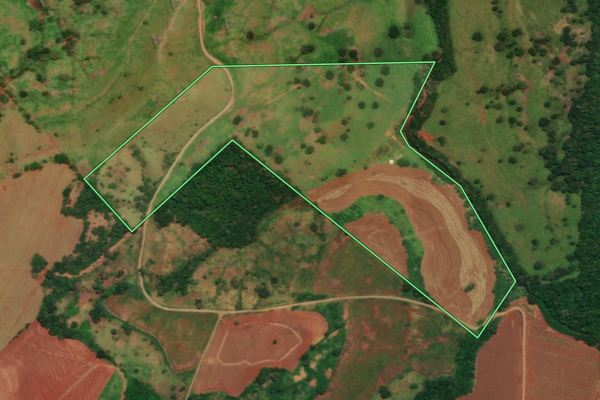 Imagem de satélite do imóvel rural em Campina da Lagoa (PR), com o contorno declarado no CAR desenhado por cima.