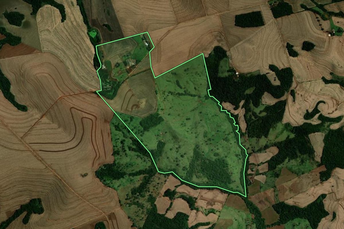 Imagem de satélite do imóvel rural em Campina da Lagoa (PR), com o contorno declarado no CAR desenhado por cima.
