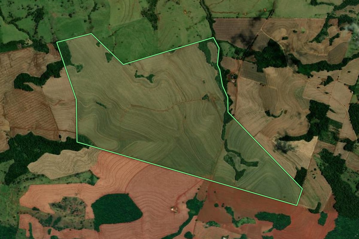 Imagem de satélite do imóvel rural em Campina da Lagoa (PR), com o contorno declarado no CAR desenhado por cima.
