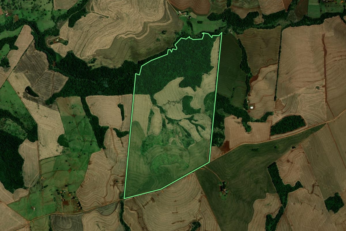 Imagem de satélite do imóvel rural em Campina da Lagoa (PR), com o contorno declarado no CAR desenhado por cima.
