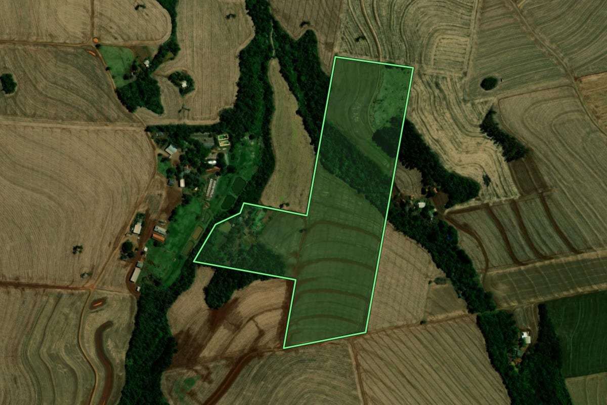 Imagem de satélite do imóvel rural em Campina da Lagoa (PR), com o contorno declarado no CAR desenhado por cima.