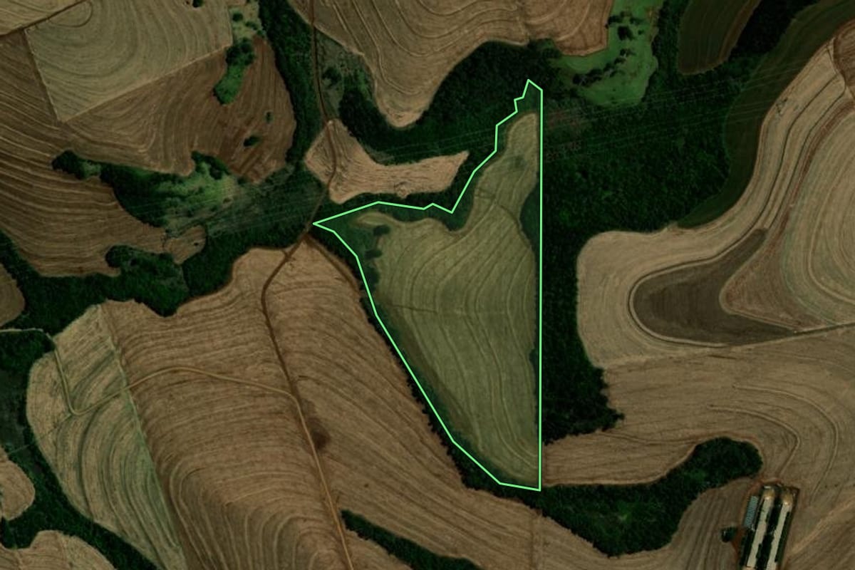 Imagem de satélite do imóvel rural em Campina da Lagoa (PR), com o contorno declarado no CAR desenhado por cima.