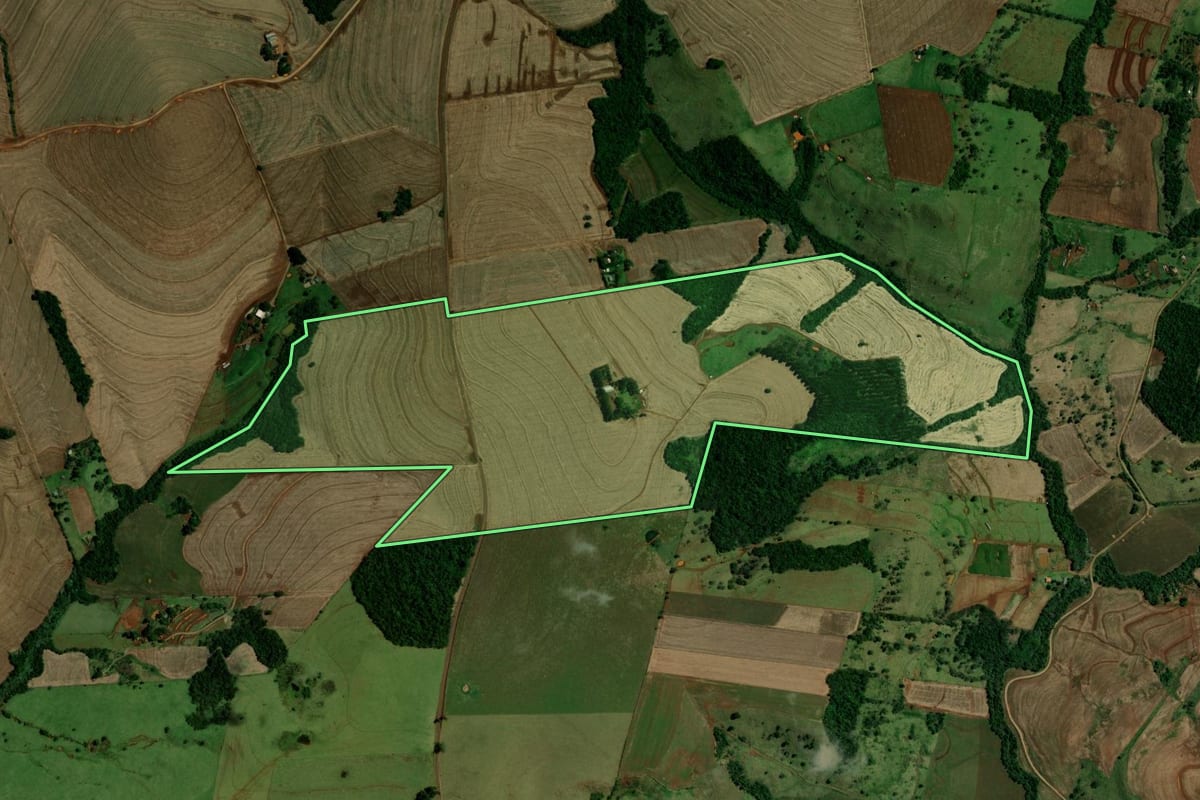 Imagem de satélite do imóvel rural em Campina da Lagoa (PR), com o contorno declarado no CAR desenhado por cima.