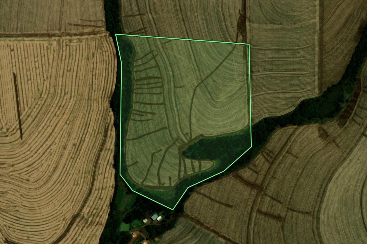 Imagem de satélite do imóvel rural em Campina da Lagoa (PR), com o contorno declarado no CAR desenhado por cima.