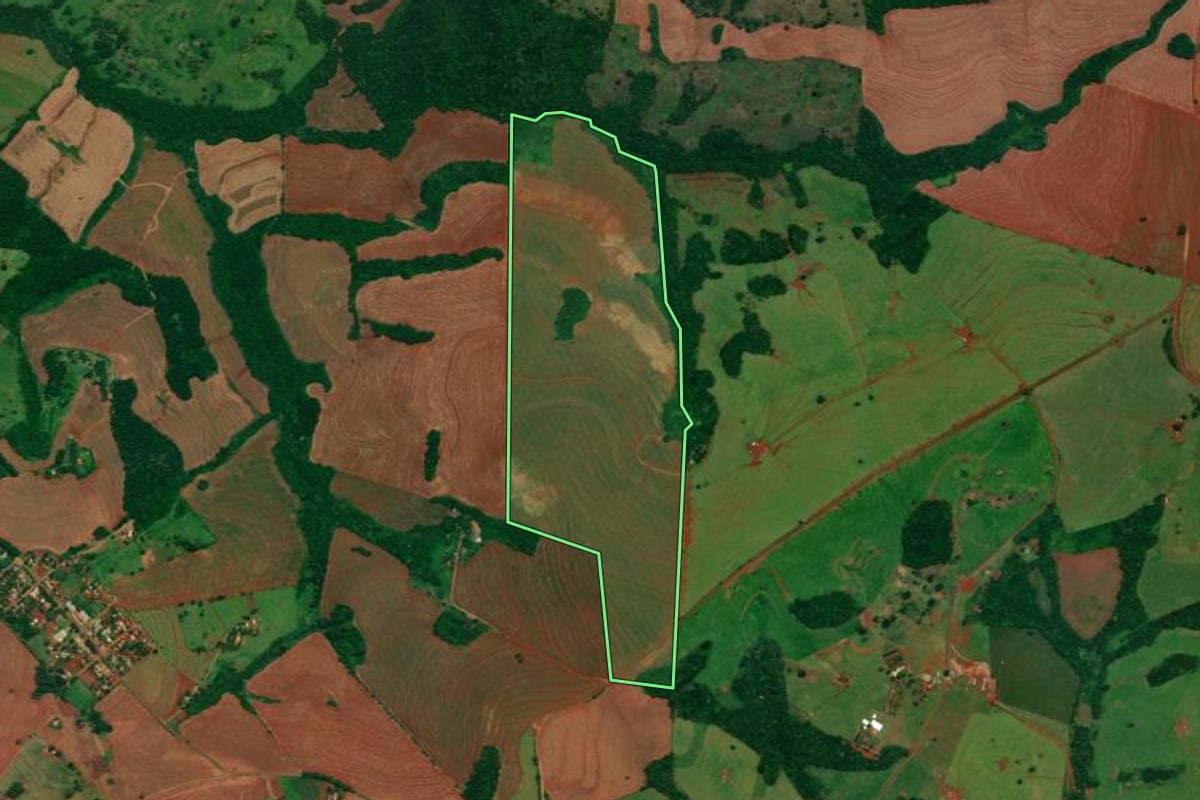 Imagem de satélite do imóvel rural em Campina da Lagoa (PR), com o contorno declarado no CAR desenhado por cima.