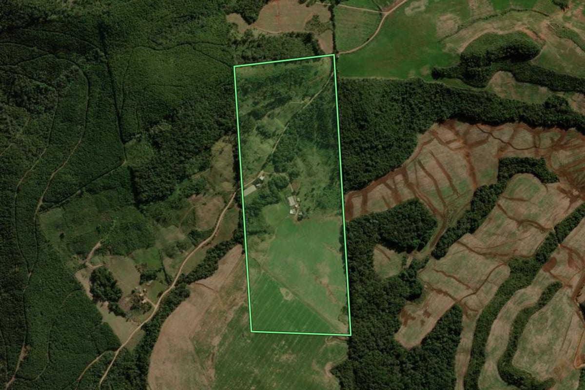 Imagem de satélite do imóvel rural em Campina do Simão (PR), com o contorno declarado no CAR desenhado por cima.