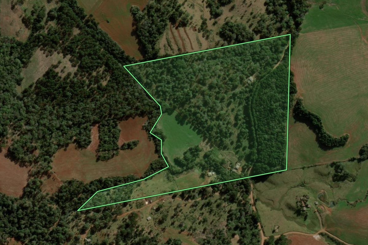 Imagem de satélite do imóvel rural em Campina do Simão (PR), com o contorno declarado no CAR desenhado por cima.