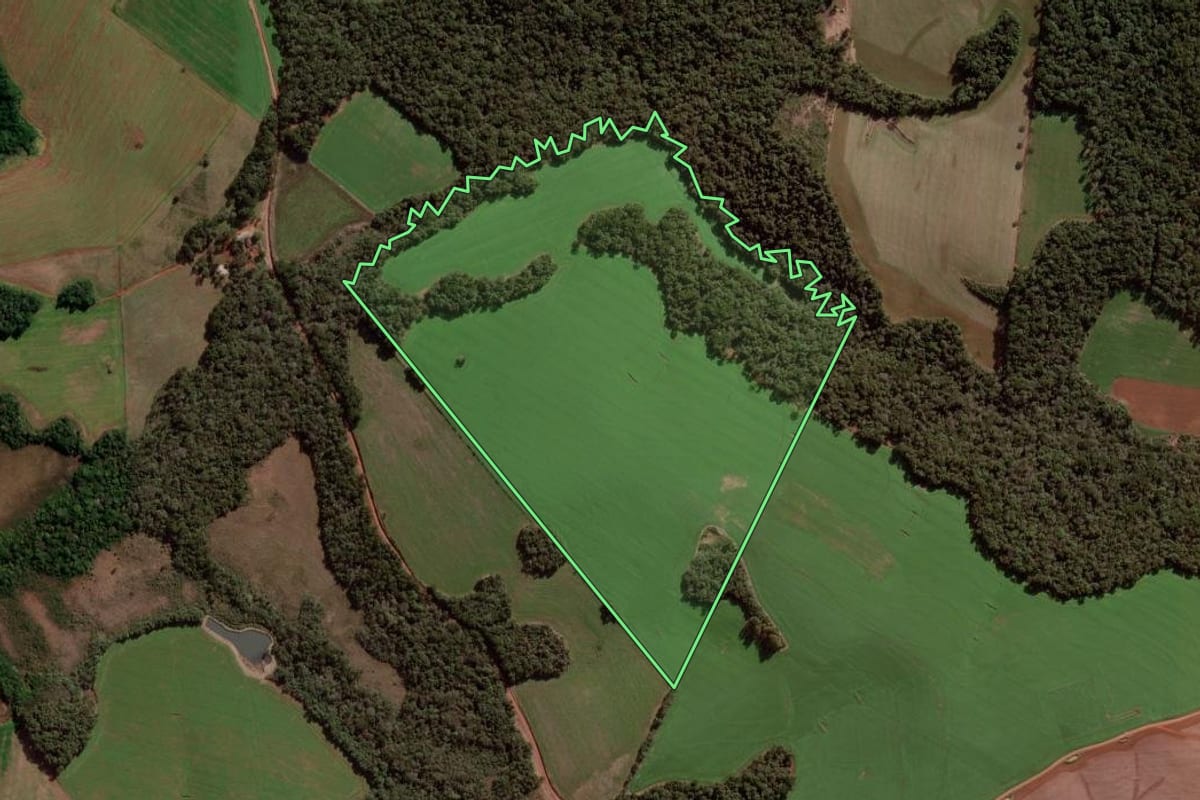 Imagem de satélite do imóvel rural em Campina do Simão (PR), com o contorno declarado no CAR desenhado por cima.
