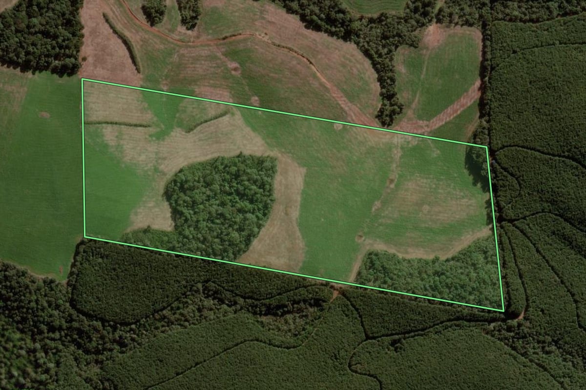 Imagem de satélite do imóvel rural em Campina do Simão (PR), com o contorno declarado no CAR desenhado por cima.