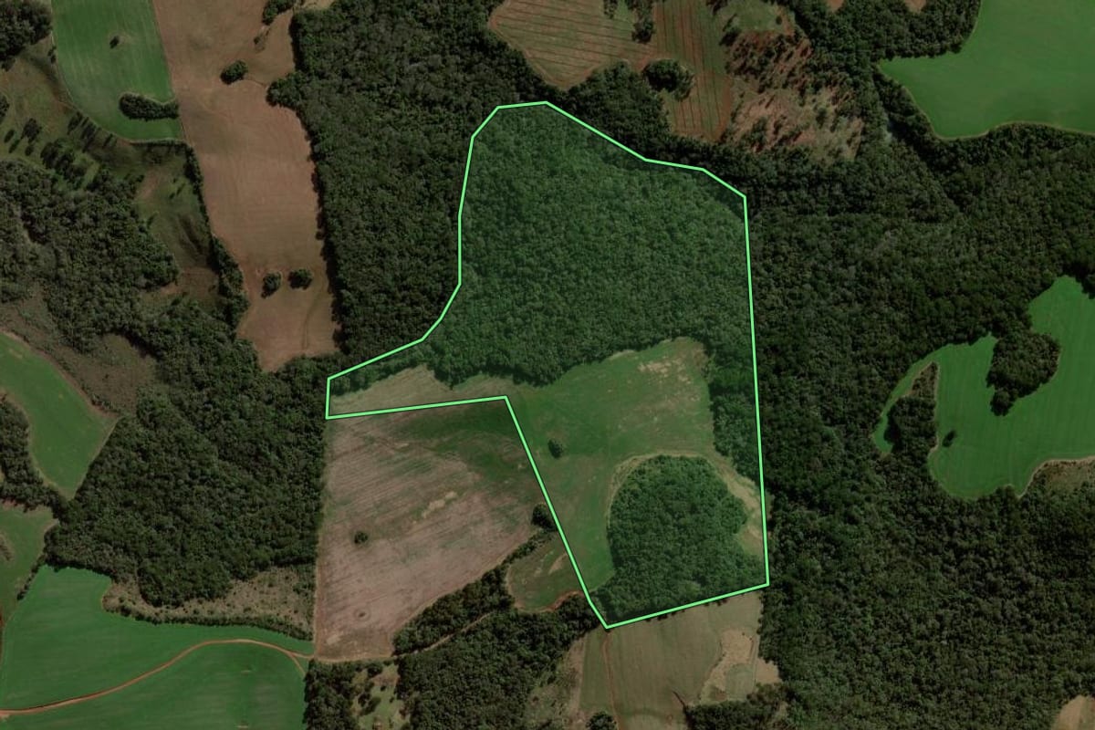 Imagem de satélite do imóvel rural em Campina do Simão (PR), com o contorno declarado no CAR desenhado por cima.