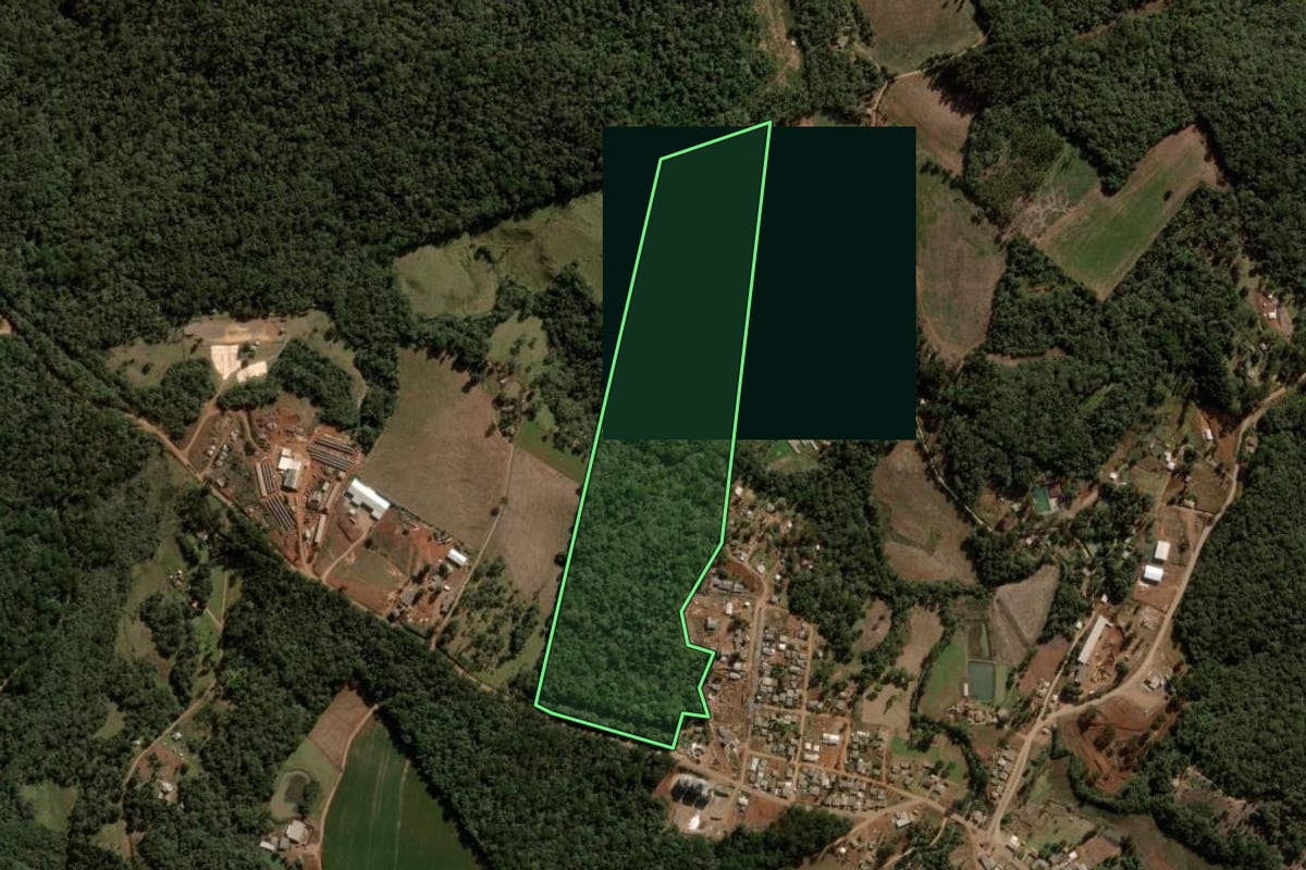 Imagem de satélite do imóvel rural em Campina do Simão (PR), com o contorno declarado no CAR desenhado por cima.