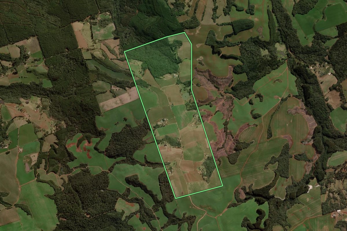 Imagem de satélite do imóvel rural em Campina do Simão (PR), com o contorno declarado no CAR desenhado por cima.