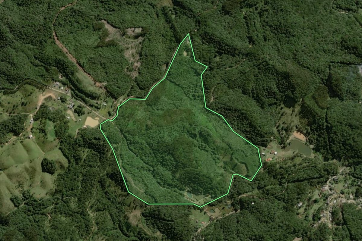 Imagem de satélite do imóvel rural em Campina Grande do Sul (PR), com o contorno declarado no CAR desenhado por cima.