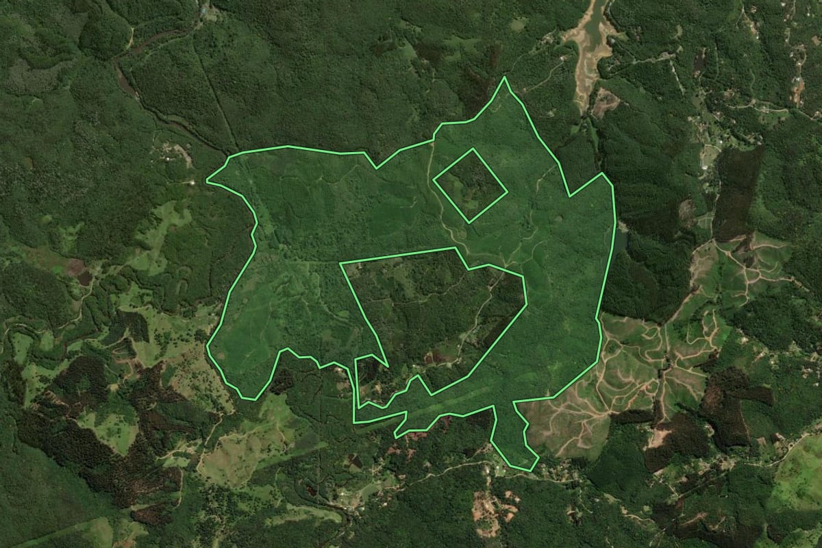 Imagem de satélite do imóvel rural em Campina Grande do Sul (PR), com o contorno declarado no CAR desenhado por cima.