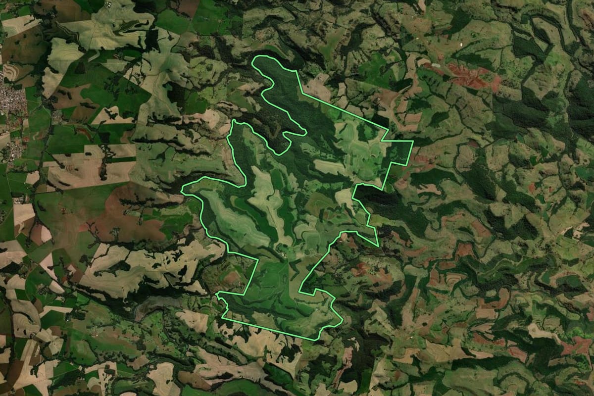 Imagem de satélite do imóvel rural em Campo Bonito (PR), com o contorno declarado no CAR desenhado por cima.
