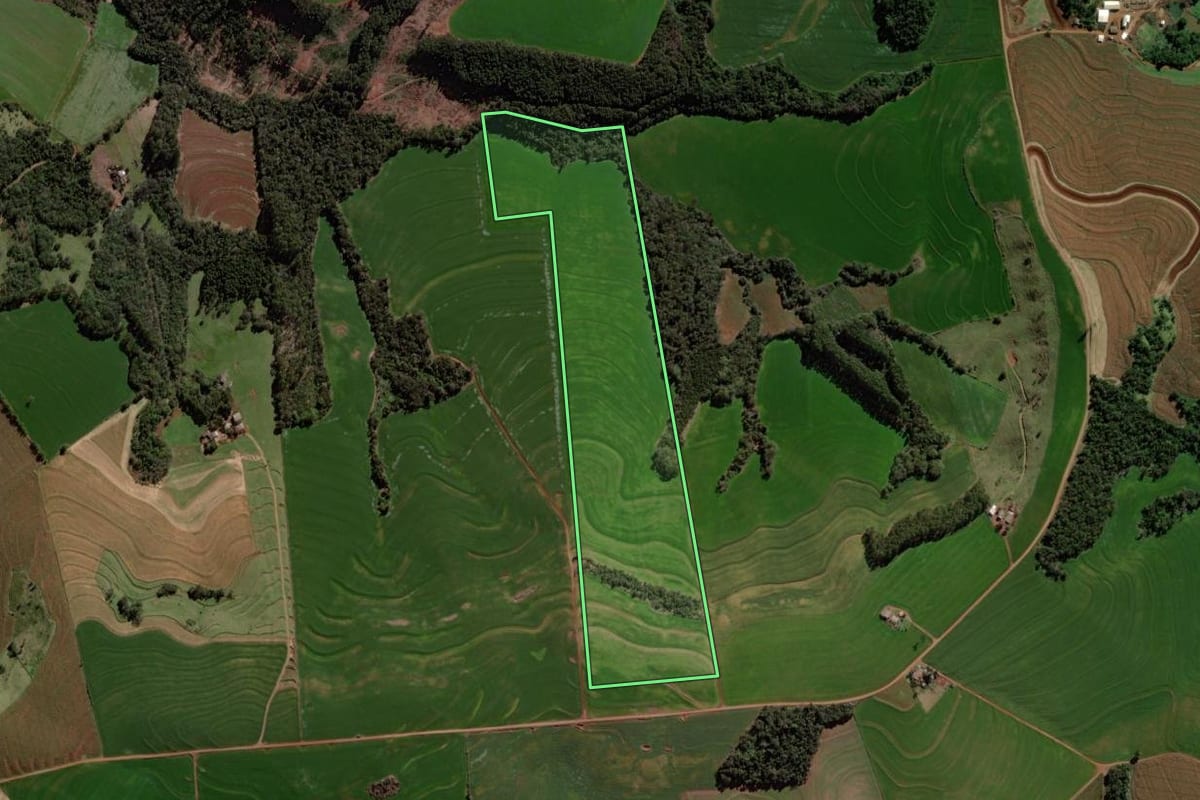 Imagem de satélite do imóvel rural em Campo Bonito (PR), com o contorno declarado no CAR desenhado por cima.