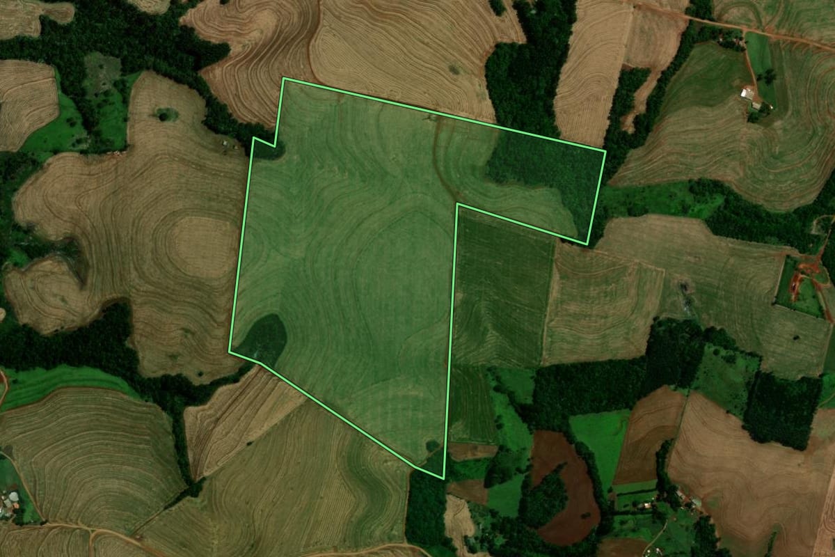 Imagem de satélite do imóvel rural em Campo Bonito (PR), com o contorno declarado no CAR desenhado por cima.