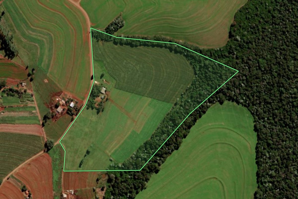 Imagem de satélite do imóvel rural em Campo Bonito (PR), com o contorno declarado no CAR desenhado por cima.
