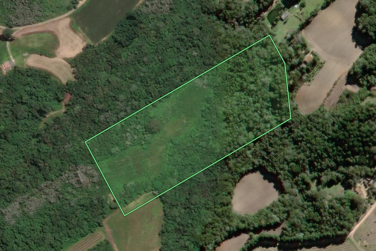 Imagem de satélite do imóvel rural em Campo Largo (PR), com o contorno declarado no CAR desenhado por cima.