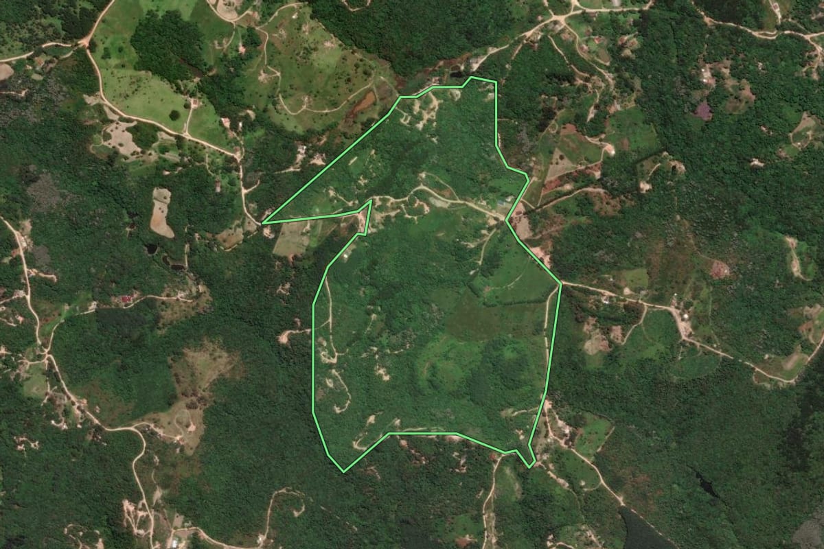Imagem de satélite do imóvel rural em Campo Largo (PR), com o contorno declarado no CAR desenhado por cima.