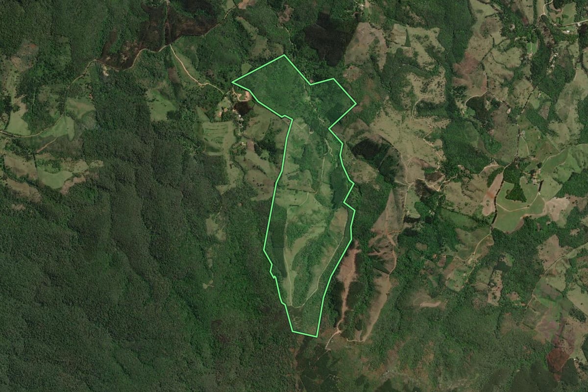 Imagem de satélite do imóvel rural em Campo Largo (PR), com o contorno declarado no CAR desenhado por cima.