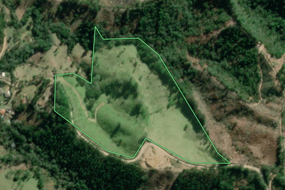 Imagem de satélite do imóvel rural em Campo Largo (PR), com o contorno declarado no CAR desenhado por cima.