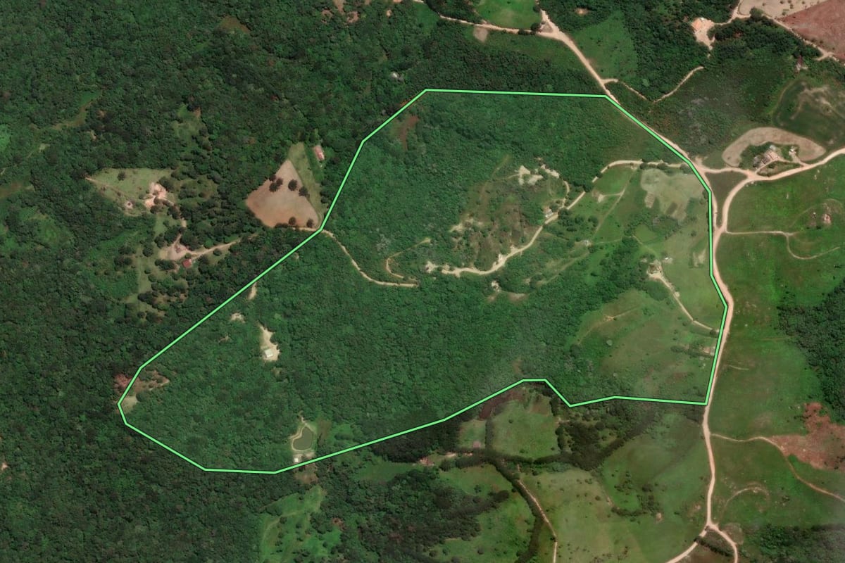 Imagem de satélite do imóvel rural em Campo Largo (PR), com o contorno declarado no CAR desenhado por cima.