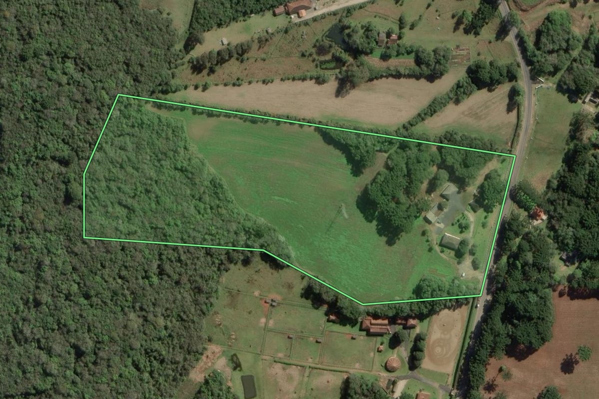 Imagem de satélite do imóvel rural em Campo Largo (PR), com o contorno declarado no CAR desenhado por cima.