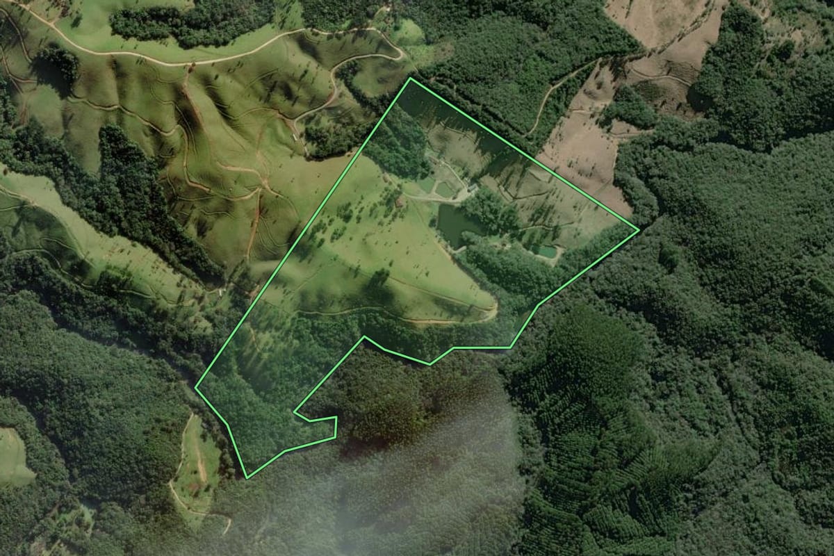 Imagem de satélite do imóvel rural em Campo Largo (PR), com o contorno declarado no CAR desenhado por cima.