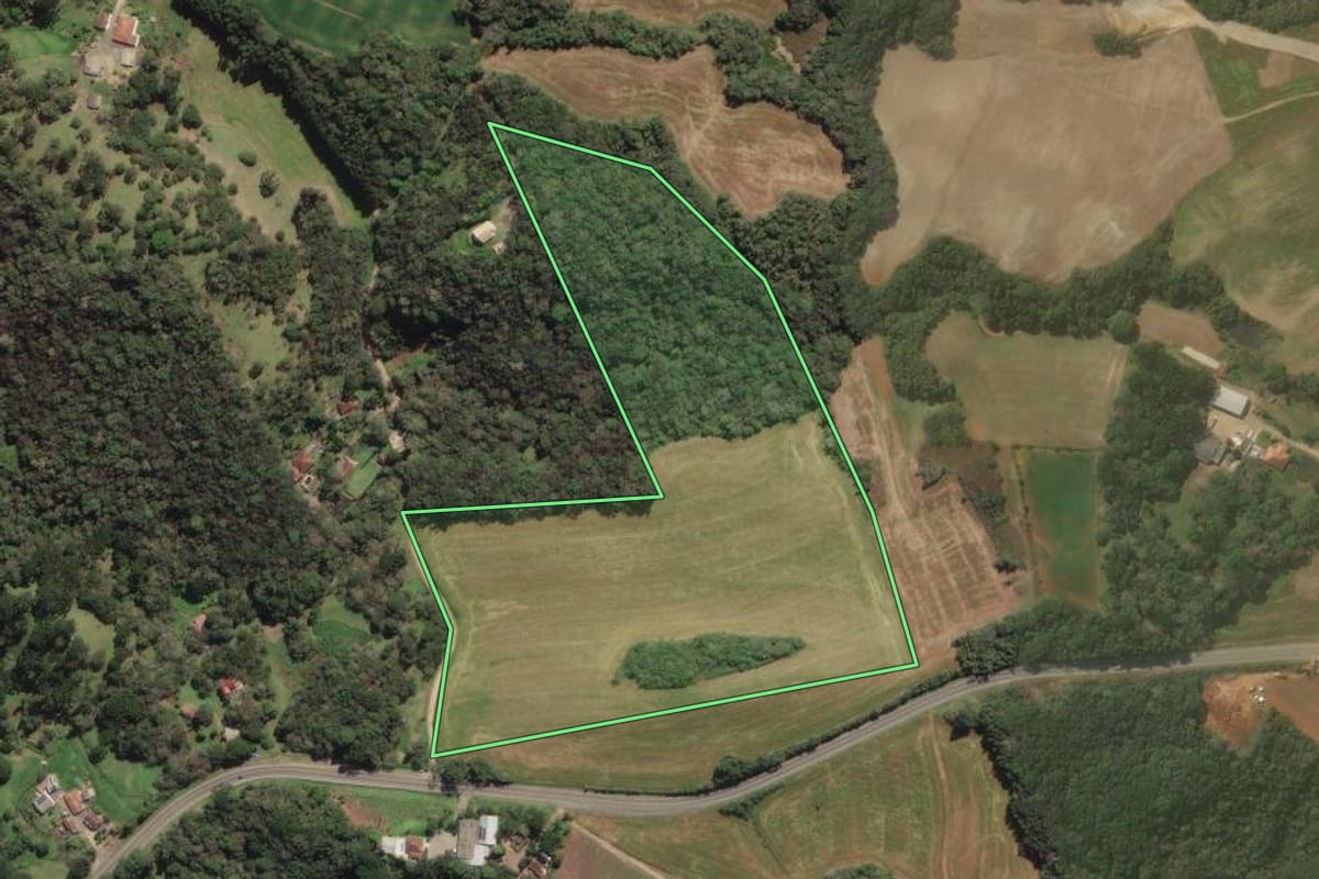 Imagem de satélite do imóvel rural em Campo Largo (PR), com o contorno declarado no CAR desenhado por cima.